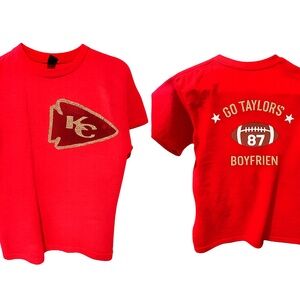 Red Kids KC Taylor swift boyfriend Shirt with Football Graphic